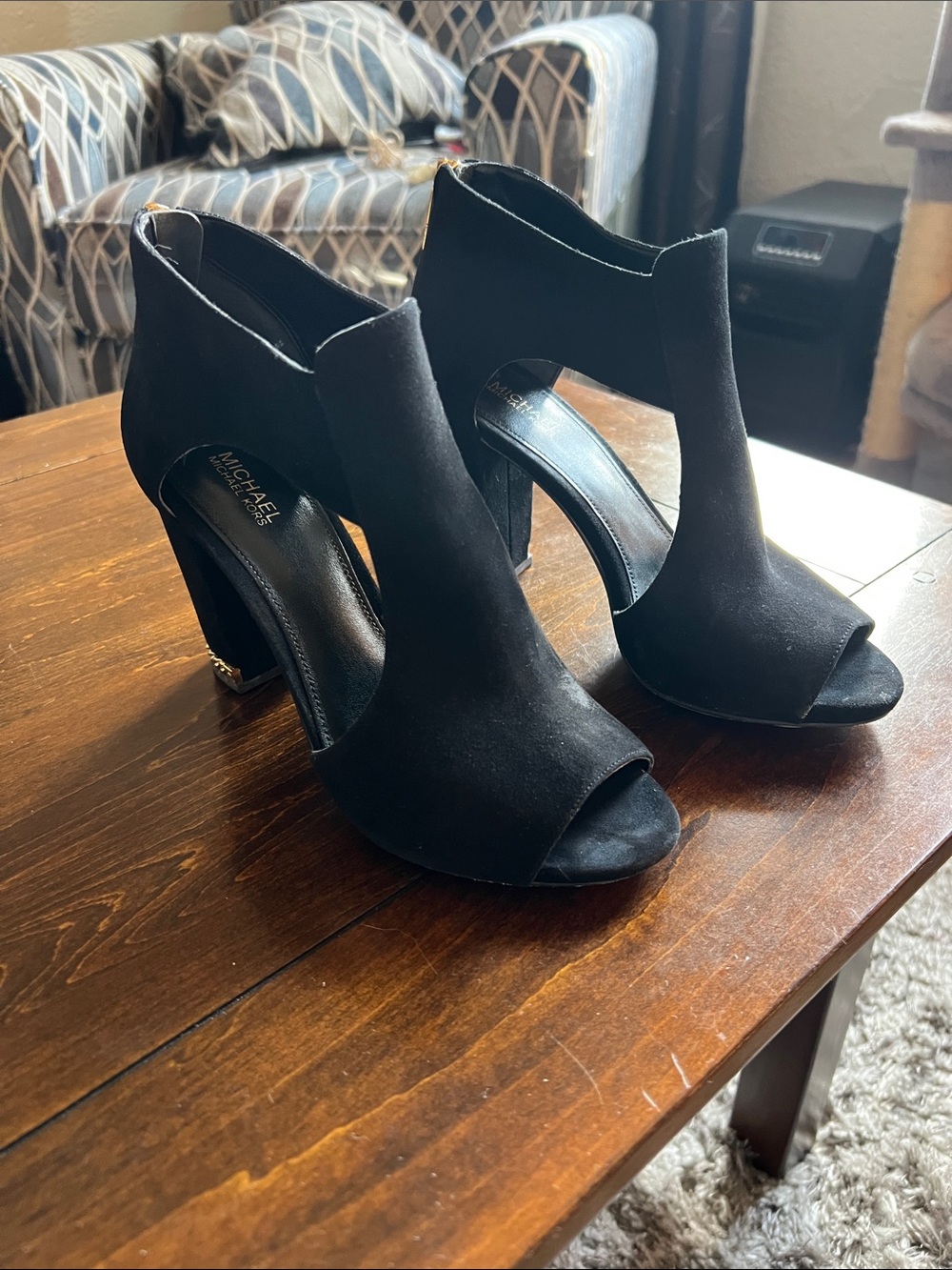 MICHAEL Michael Kors Black Suede Open-Toe Cutout Block Heel Sandals